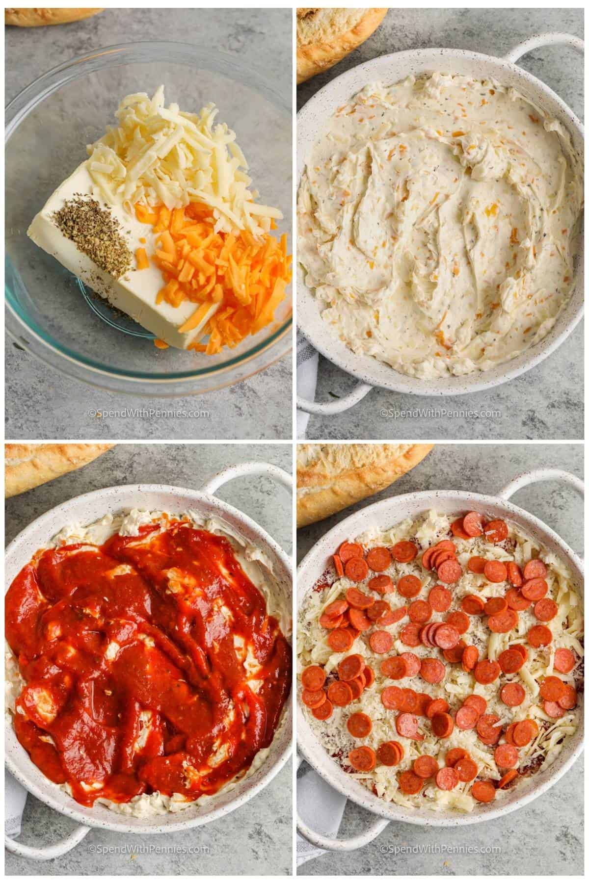 process of adding ingredients together to make Easy Cheesy Pizza Dip