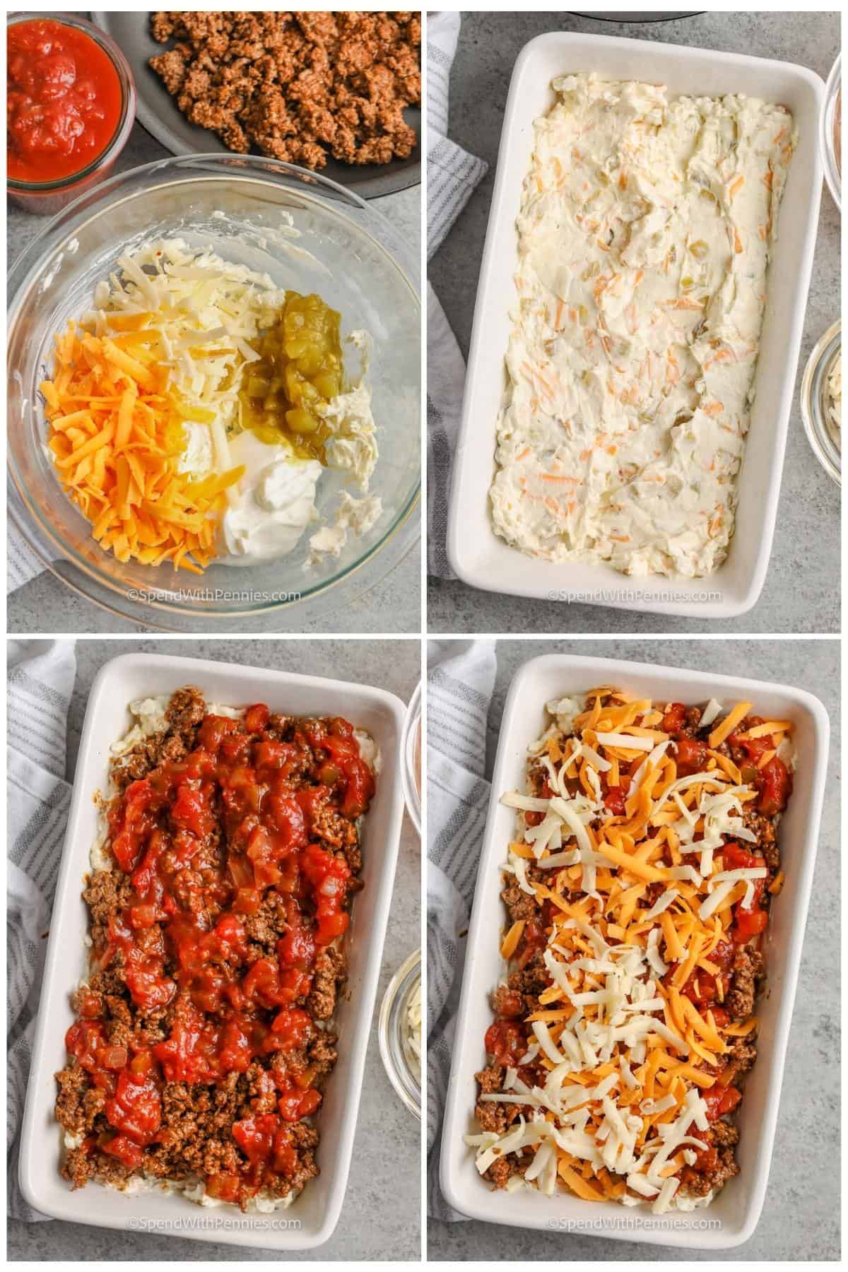 process of mixing ingredients and adding to dish to make Hot & Cheesy Taco Dip