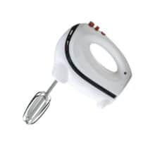 a white and black hand mixer with red buttons