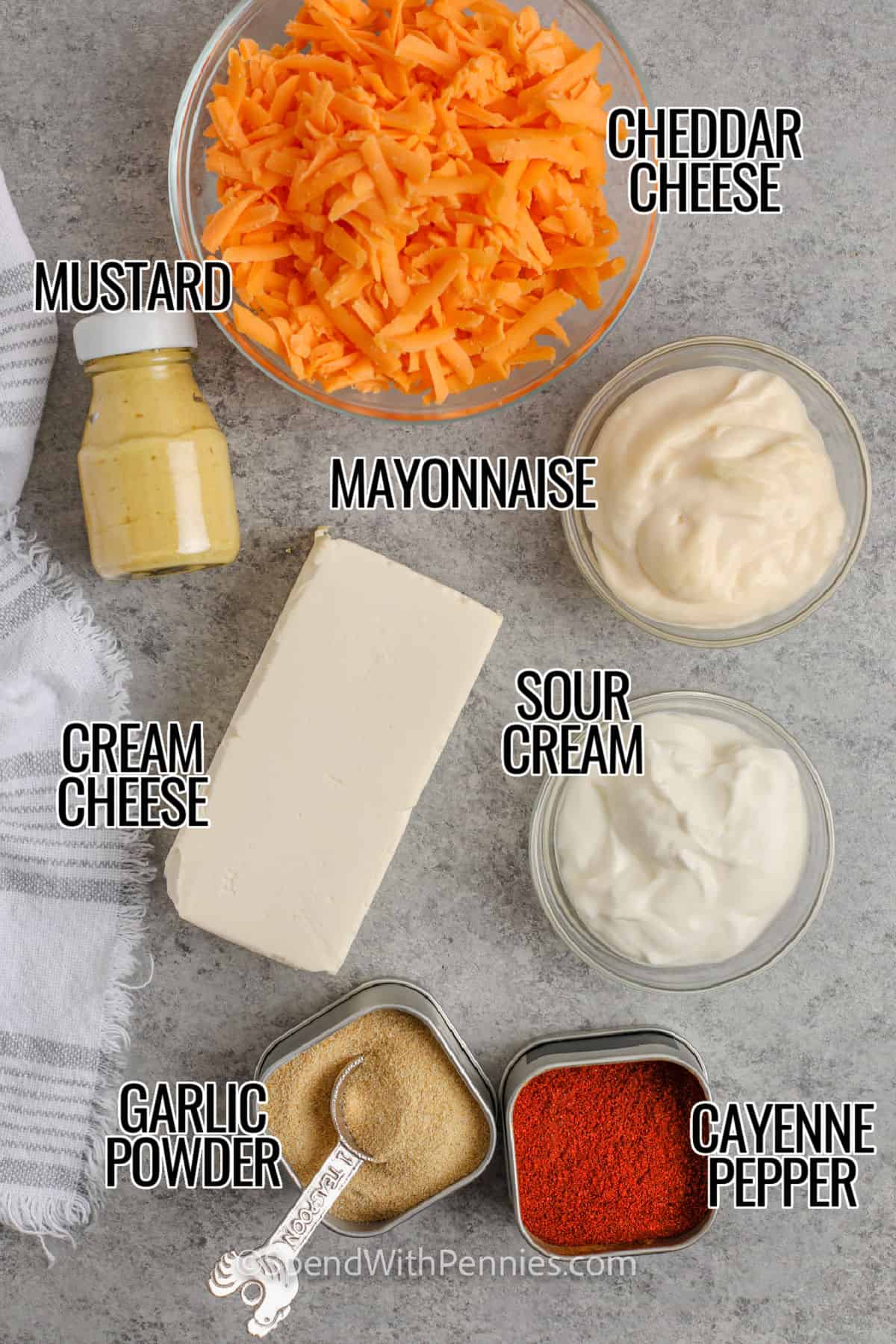 ingredients to make Easy Cheese Dip with labels