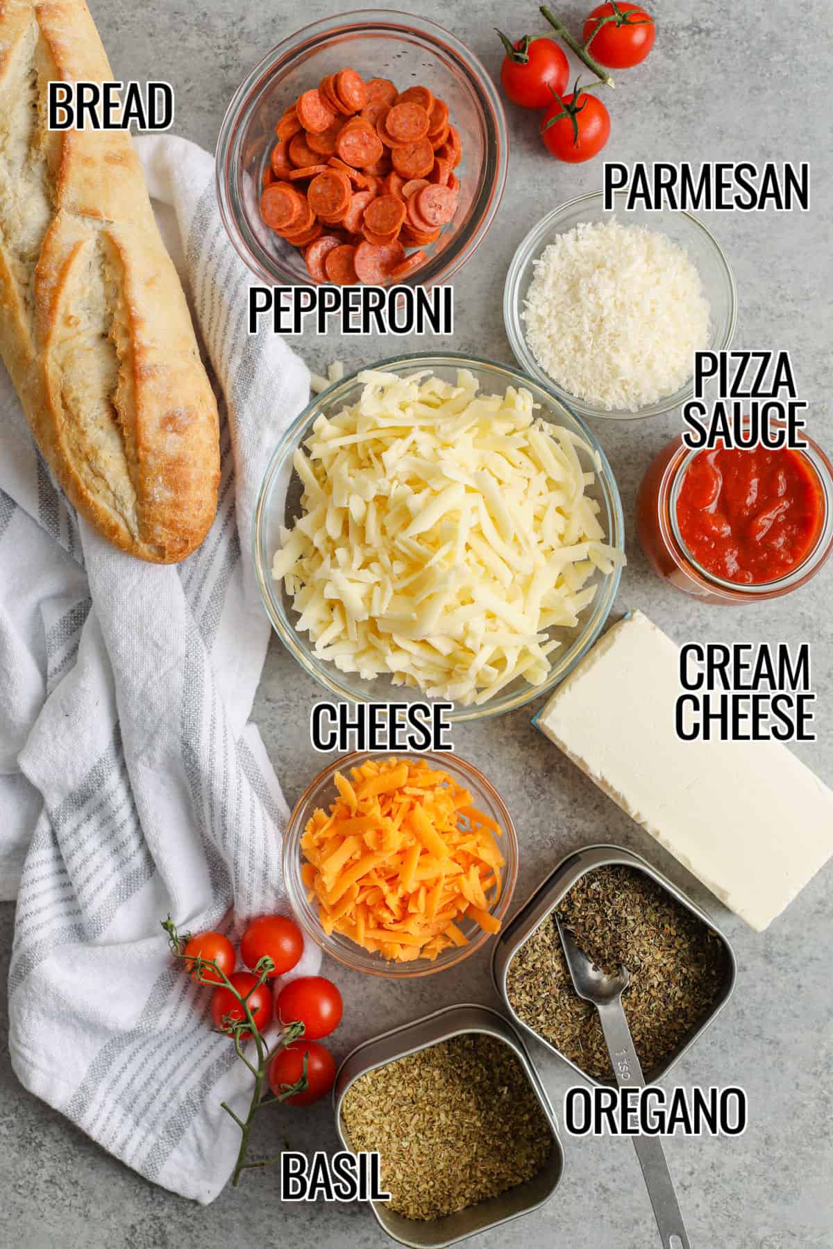ingredients to make Easy Cheesy Pizza Dip with labels