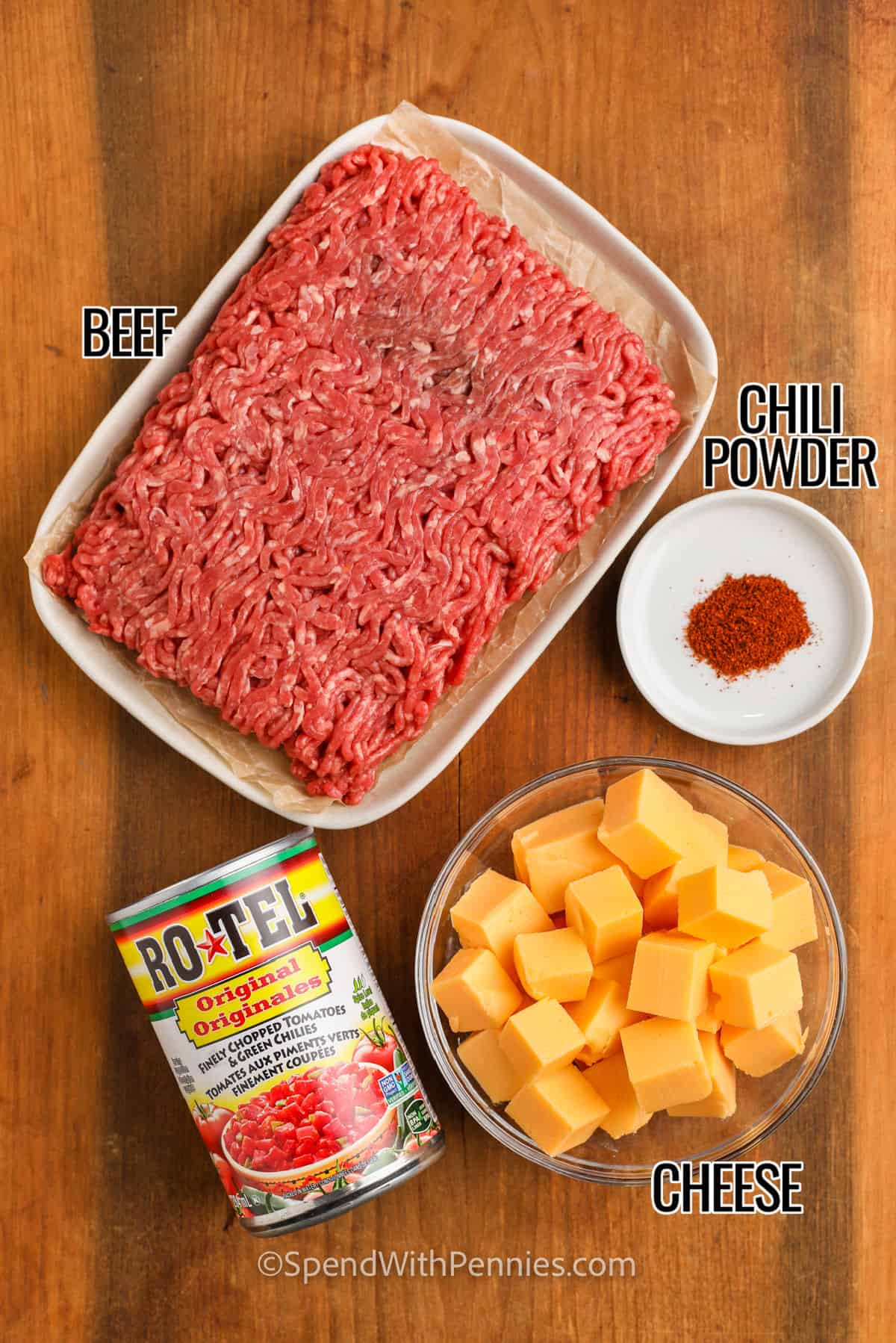 beef, cheese , chili powder and chopped tomatoes with labels to make Rotel Dip