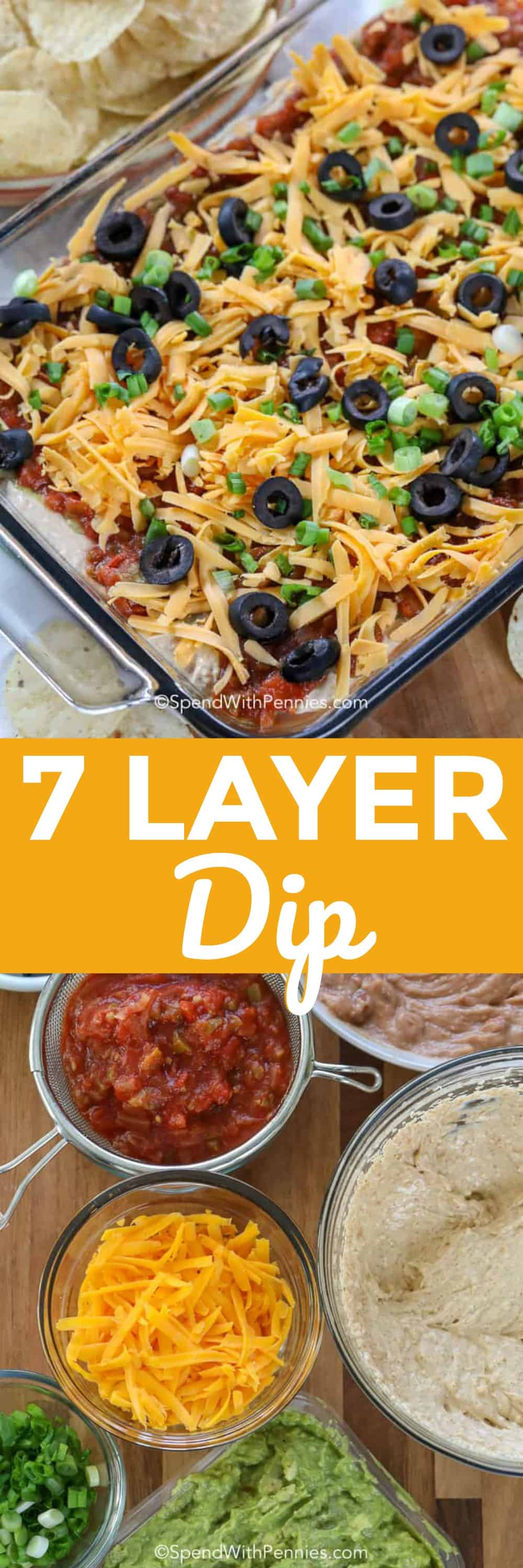 7 layer dip ingredients and 7 layer dip in a casserole dish with a title