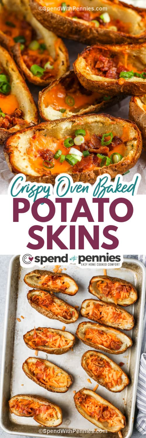 Crispy Oven Baked Potato Skins on a sheet pan and plated with a title