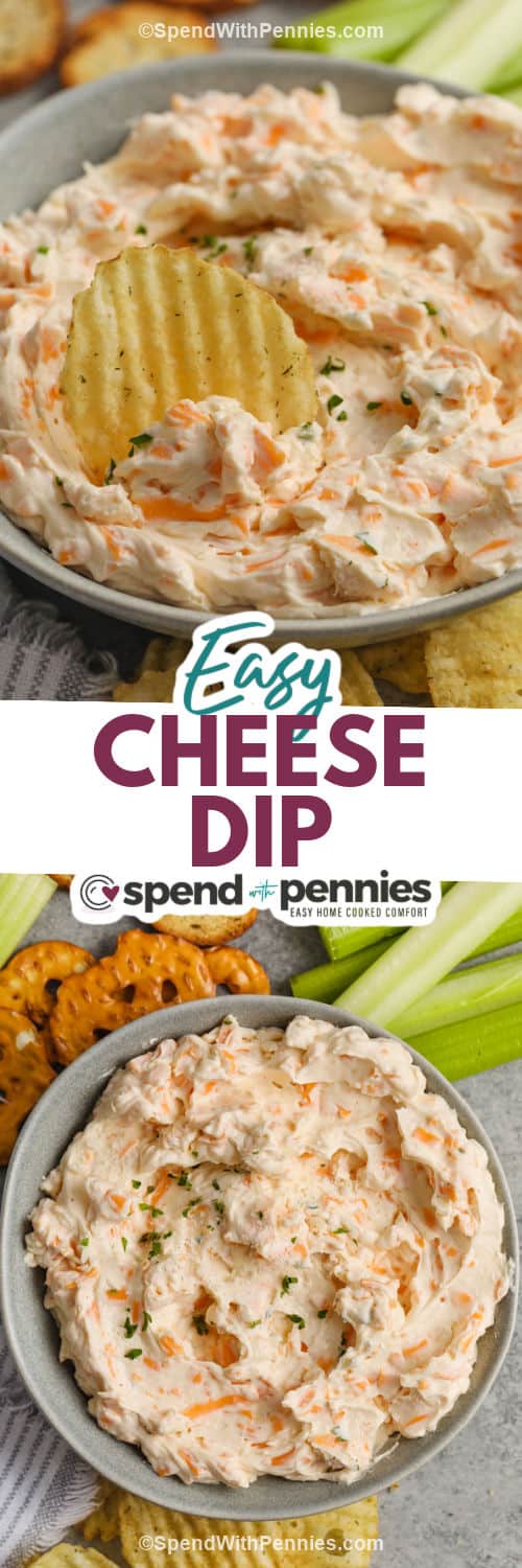 plated Easy Cheese Dip and a photo with a chip being dipped with a title