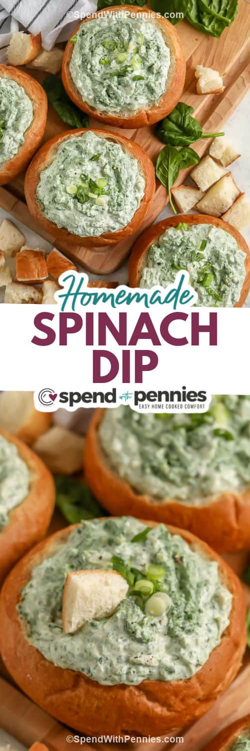 bowls of Easy Spinach Dip and close up photo with a title
