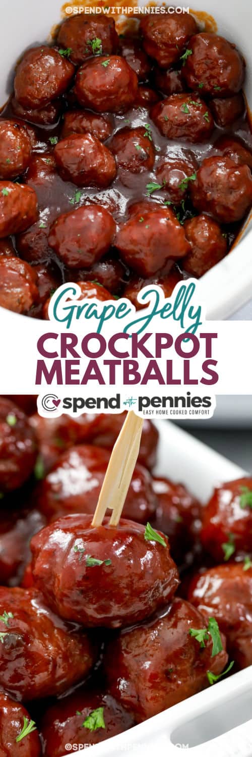 Grape Jelly Meatballs cooked in the crockpot and plated with writing