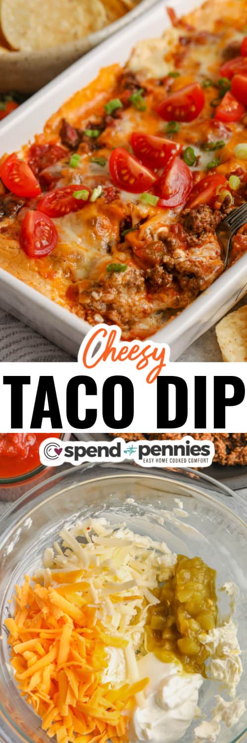 ingredients to make Hot & Cheesy Taco Dip with plated dish