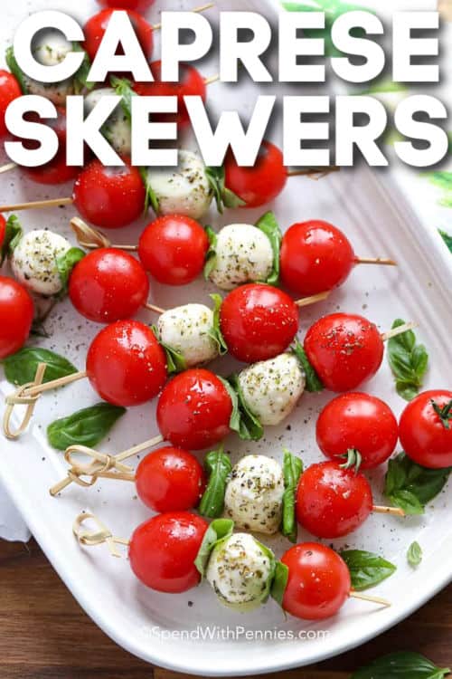 plated Caprese Skewers with salt and pepper and a title