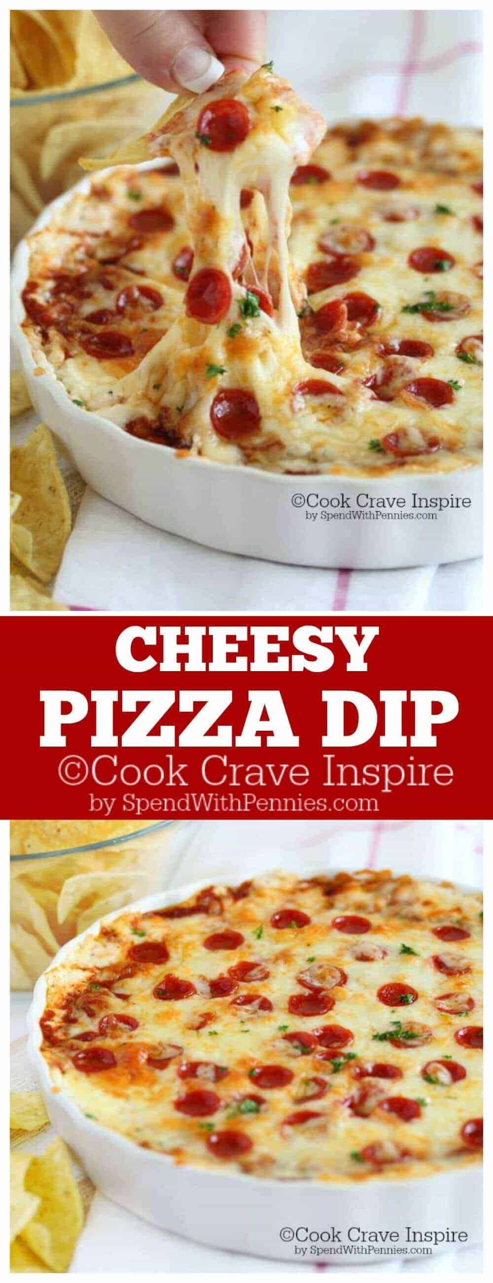 Cheesy Pizza Dip being scooped and in a pan with a title