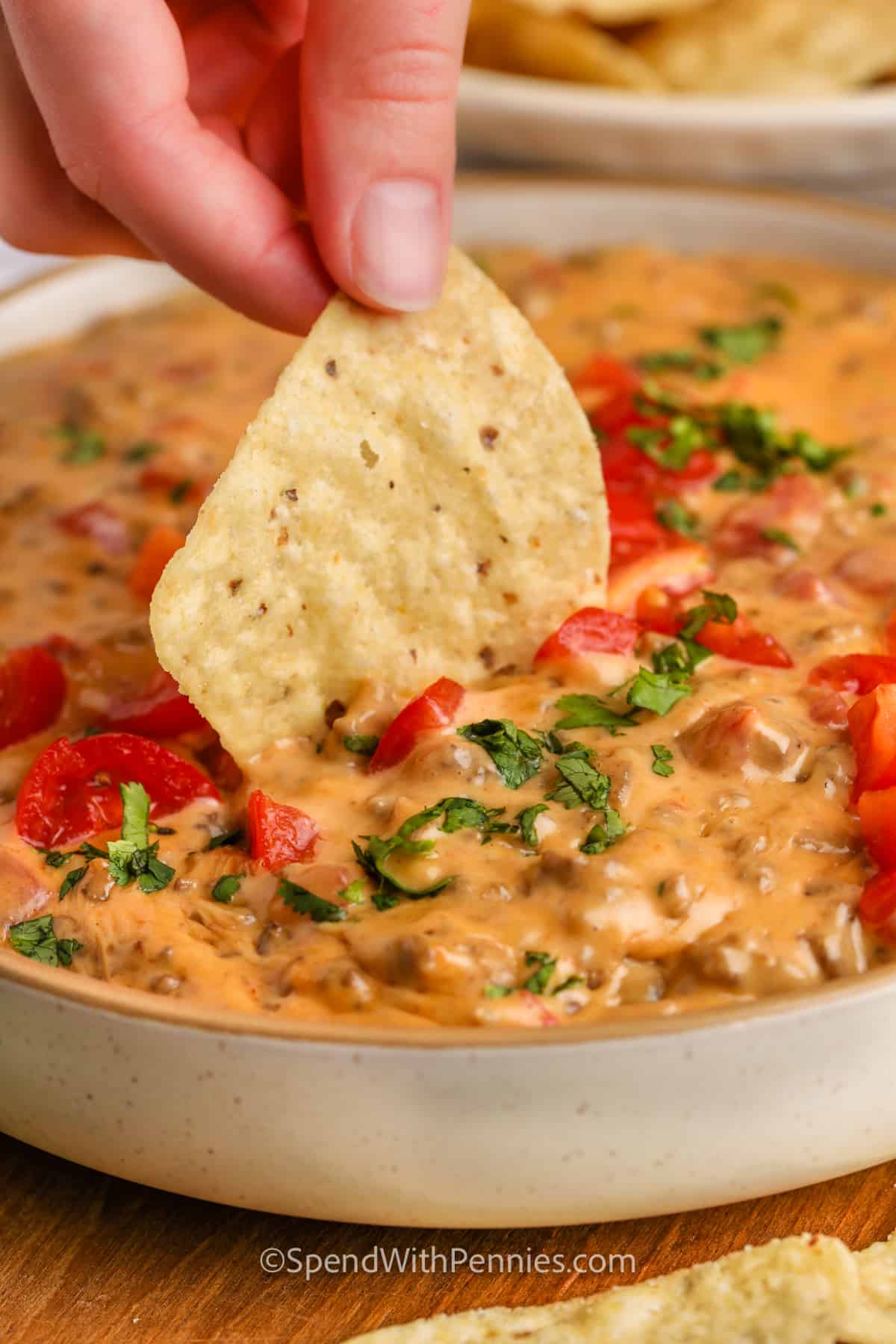 dipping a chip in Rotel Dip