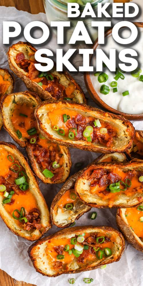 Crispy Oven Baked Potato Skins with sour cream with a title