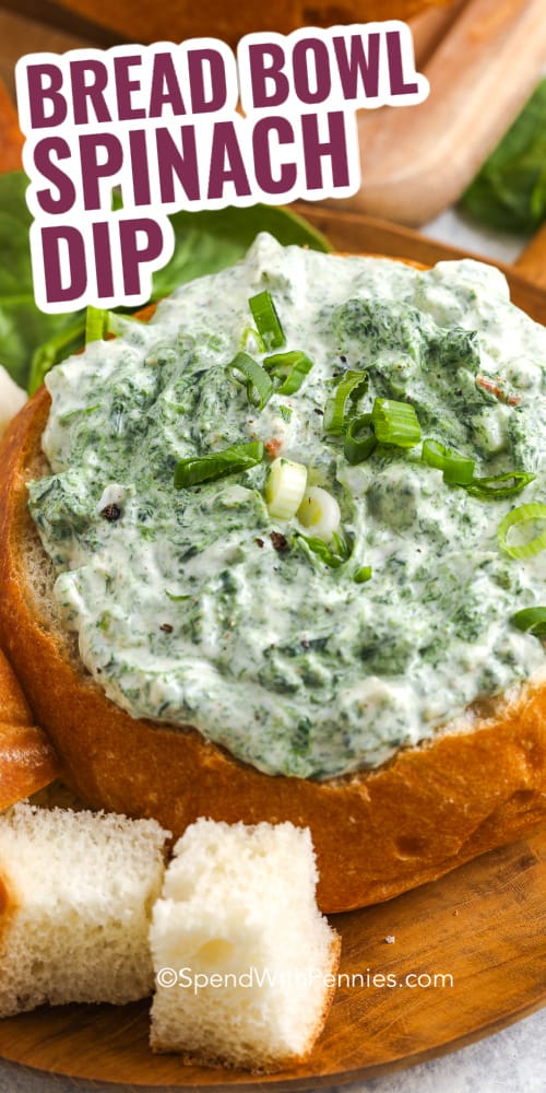 knorr spinach dip in a bread bowl shown with a title