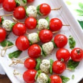 Overhead shot of Caprese Skewers on a serving plate